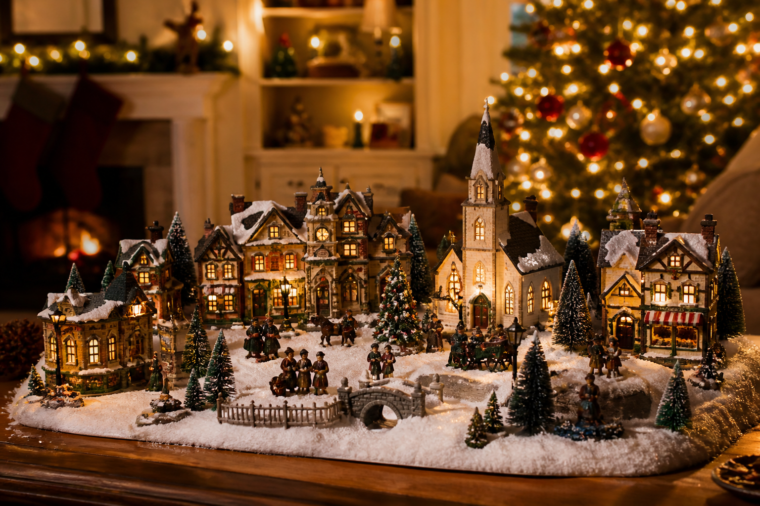 30-piece Christmas village set with LED lights displayed on tabletop holiday scene