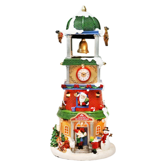 Christmas Village Clock Tower with Animated Reindeer & Bell