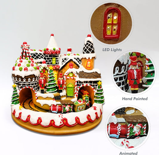 Animated Gingerbread Train Station 10.63” with Moving Train