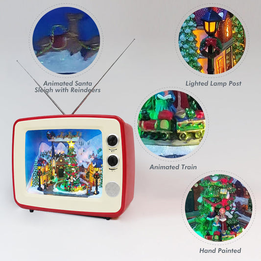 Animated Red Retro TV Christmas Decoration LED Lighted Holiday Scene with Santa Sleigh & Train
