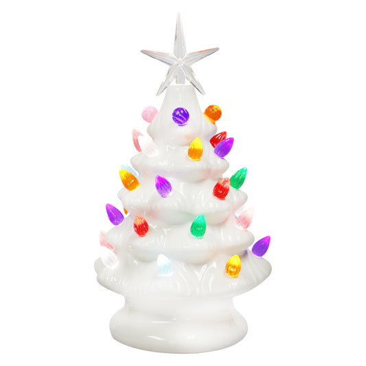 Ceramic Christmas Tree 9” White LED Lighted Pre-Lit Tabletop Tree with Multicolor Bulbs
