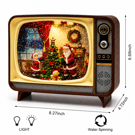 Retro Christmas TV LED Water Spinner Santa Scene Lighted Holiday Snow Globe Decor Battery Operated Acrylic Vintage Television with Spinning Glitter Warm