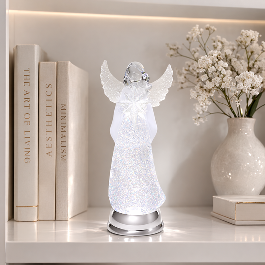 Light Up Angel Snow Globe Water Spinner LED Glitter Angel Figurine 12.8 Inch Holiday Tabletop