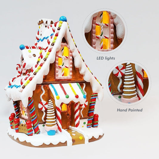 Christmas Gingerbread House Lighted Hand-Painted Resin Holiday House with LED Lights