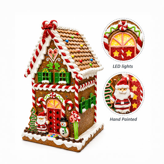 Christmas Gingerbread House Lighted Hand-Painted Resin Holiday House with LED Lights Battery Operated Festive Décor