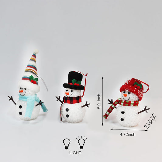 Christmas Snowman Ornaments Set of 3 Battery Operated LED Light-Up