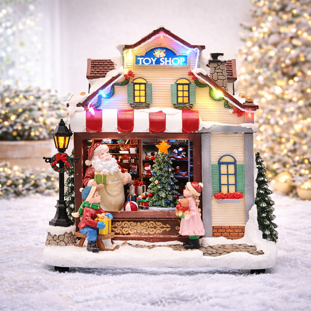 Animated Christmas Village Toy Shop with LED Lights Music and
