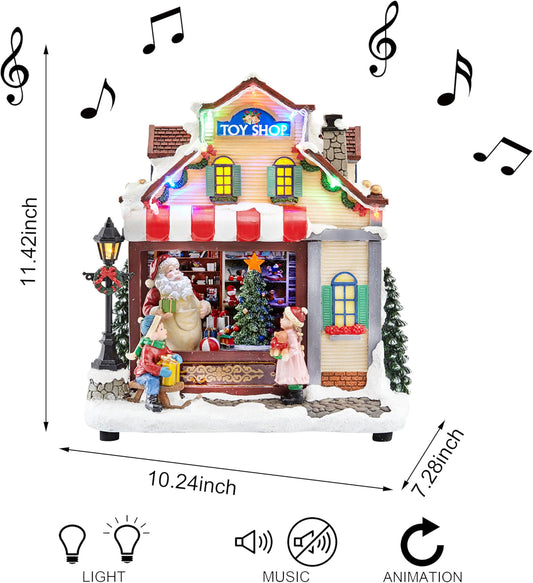 Animated Christmas Village Toy Shop with LED Lights Music and Moving Train