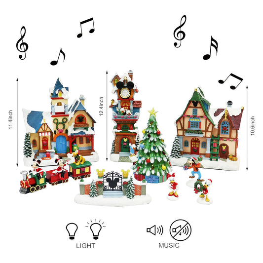 Disney Christmas Village Collection 13 Pieces with LED Lights, Music & Timer Hand Painted Buildings and Cartoon Characters Battery Operated Holiday Decoration