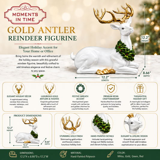 Gold Antler Reindeer Figurine Handcrafted Resin Christmas Decor with Green Wreath 12.2"H