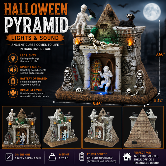 Halloween Pyramid Decor with LED Lights and Sound, Battery Operated Resin Mummy Tomb Scene