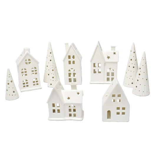 Lighted Ceramic Christmas Village Set 10 Pc White Holiday Houses and Tree Decor