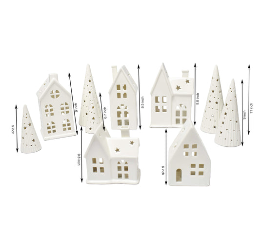 Lighted Ceramic Christmas Village Set 10 Pc White Holiday Houses and Tree Decor