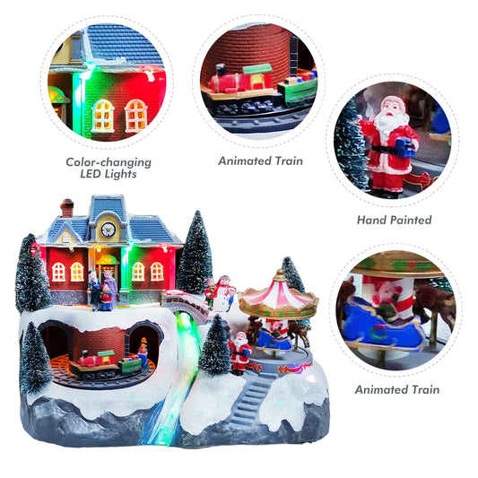 Animated Moving Train & Carousel Musical Christmas Village 8.5”H Light Up Holiday Scene with LED Lights