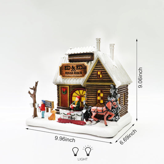 Sugar Shack Christmas Village House Hand-Painted Polyresin Cabin Scene with Horse & Dog, Winter Holiday Décor