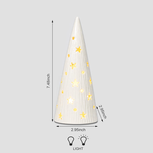 White Ceramic Light Up Cone Tree with Star Design LED Christmas Decoration Battery Powered Tabletop Holiday Home Decor Winter Night Light