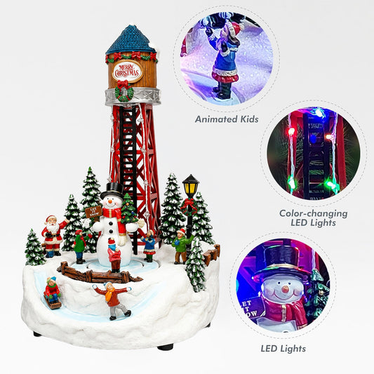 Lighted Musical Water Tower with Animated Scene 14”H LED Holiday Village Display