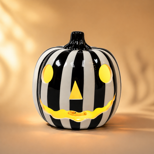 Halloween LED Ceramic Pumpkin Jack O Lantern Light Zebra Stripe Glossy Finish Battery Operated Decorative Tabletop Lantern Light Up Halloween Decor Indoor Fall Decoration