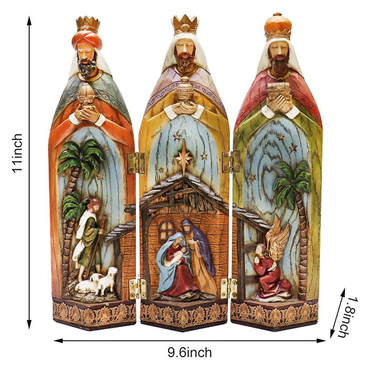 Nativity 3 Kings Three Wise Men Figurines Hand Painted Tri-Fold Holy Family Nativity Scene 11"H x 9.6"W x 1.7"D