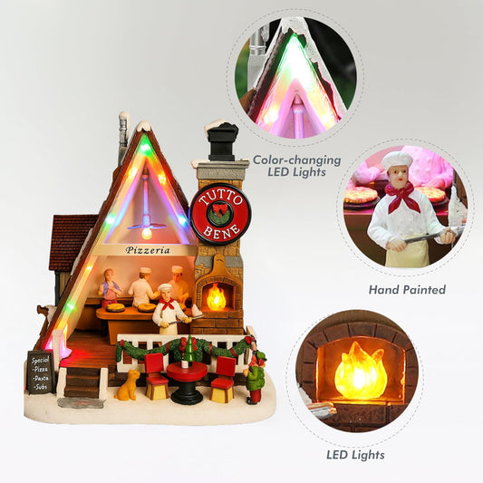 Pizza Christmas Village Pizza Shop Scene LED Musical Pizzeria Scene Handcrafted Italian Restaurant Holiday Decoration