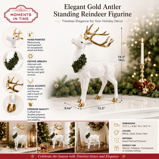 Gold Antler Reindeer Figurine with Wreath, Handcrafted Resin Christmas Decor, 18.5”H