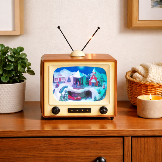 6" Retro TV Christmas Village Scene Animated Train, LED Lights, Plays 8 Classic Holiday Songs Battery Operated