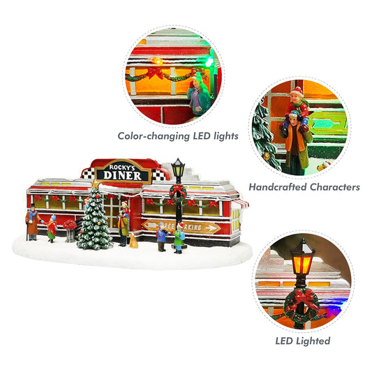 Christmas Village Building, Rocky's Diner, Retro 1950's Diner with LED Lights and Christmas Music