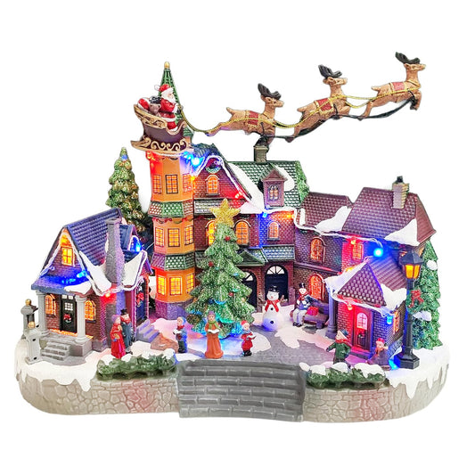 Santa Riding Sleigh Flying Over The Town Center Featuring LED Lights and Animation Power Adapter (Included)