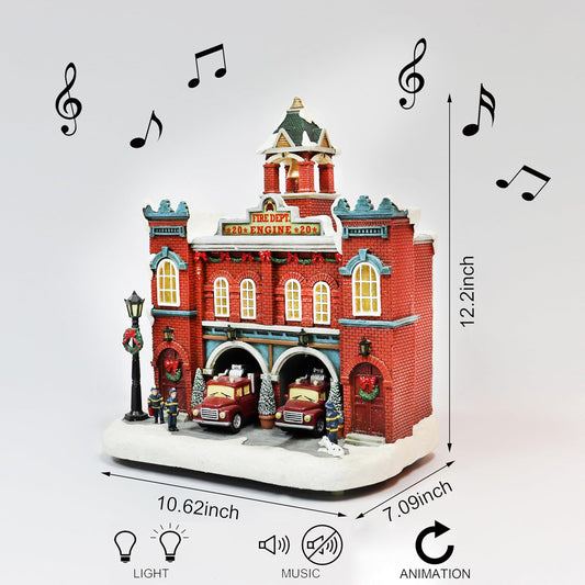 Vintage Fire Department Christmas Village LED Lights Music Moving Fire Trucks