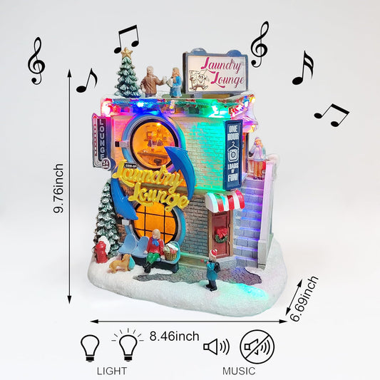 Vintage Laundry Lounge Christmas Village Building 9.8”H LED Hand-Painted Polyresin Holiday Decor