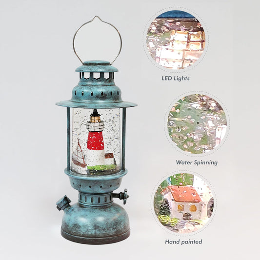 Vintage Lighthouse Water Lantern LED Lights Aqua Blue Spinning Glitter Water Globe Coastal Nautical Home Decor