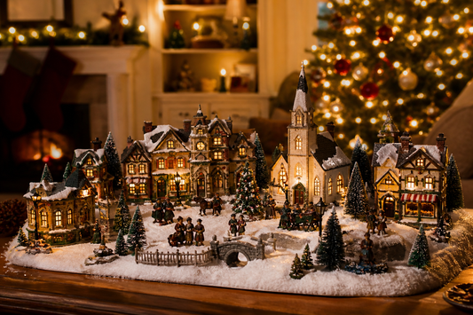 30-piece Christmas village set with LED lights displayed on tabletop holiday scene