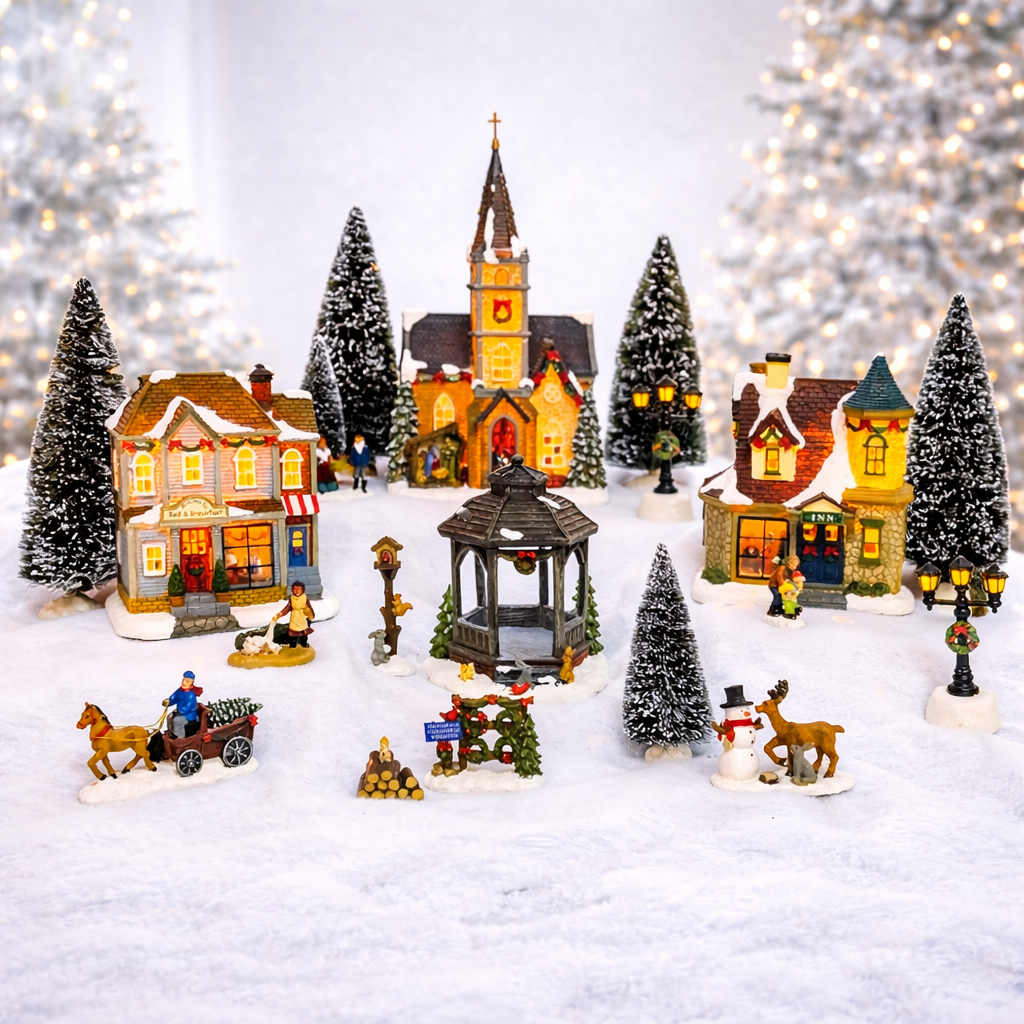 20-Piece Lighted Christmas Village Set with LED Lights Battery Operated Miniature Holiday Town