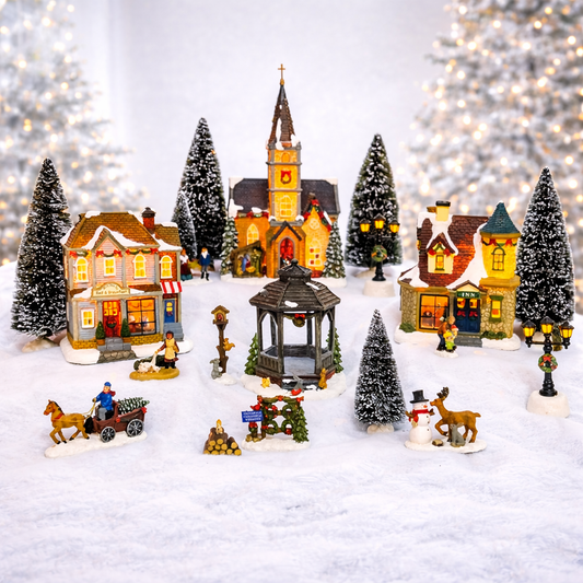 20-Piece Lighted Christmas Village Set with LED Lights Battery Operated Miniature Holiday Town