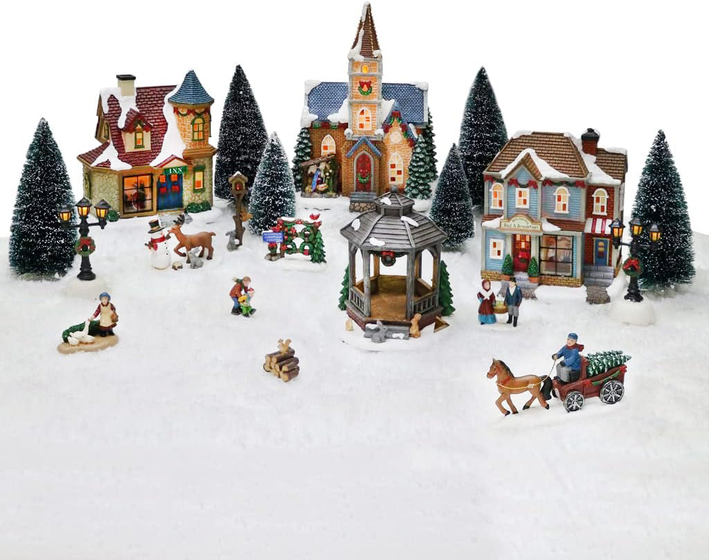 20-Piece Lighted Christmas Village Set with LED Lights Battery Operated Miniature Holiday Town