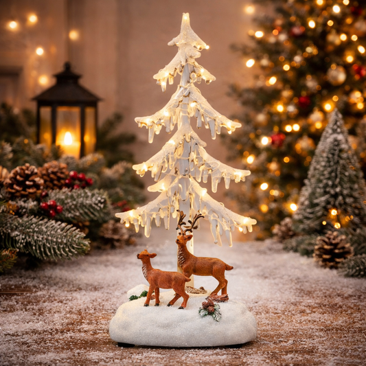 Acrylic LED Lighted Icicle Tree with Reindeer 13 Inch Battery Operated