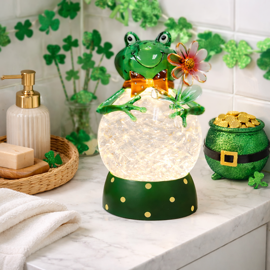 Acrylic Frog Snow Globe LED Light-Up Water Glitter Ball with Flower