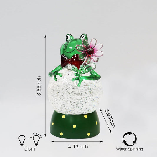 Acrylic Frog Snow Globe LED Light-Up Water Glitter Ball with Flower
