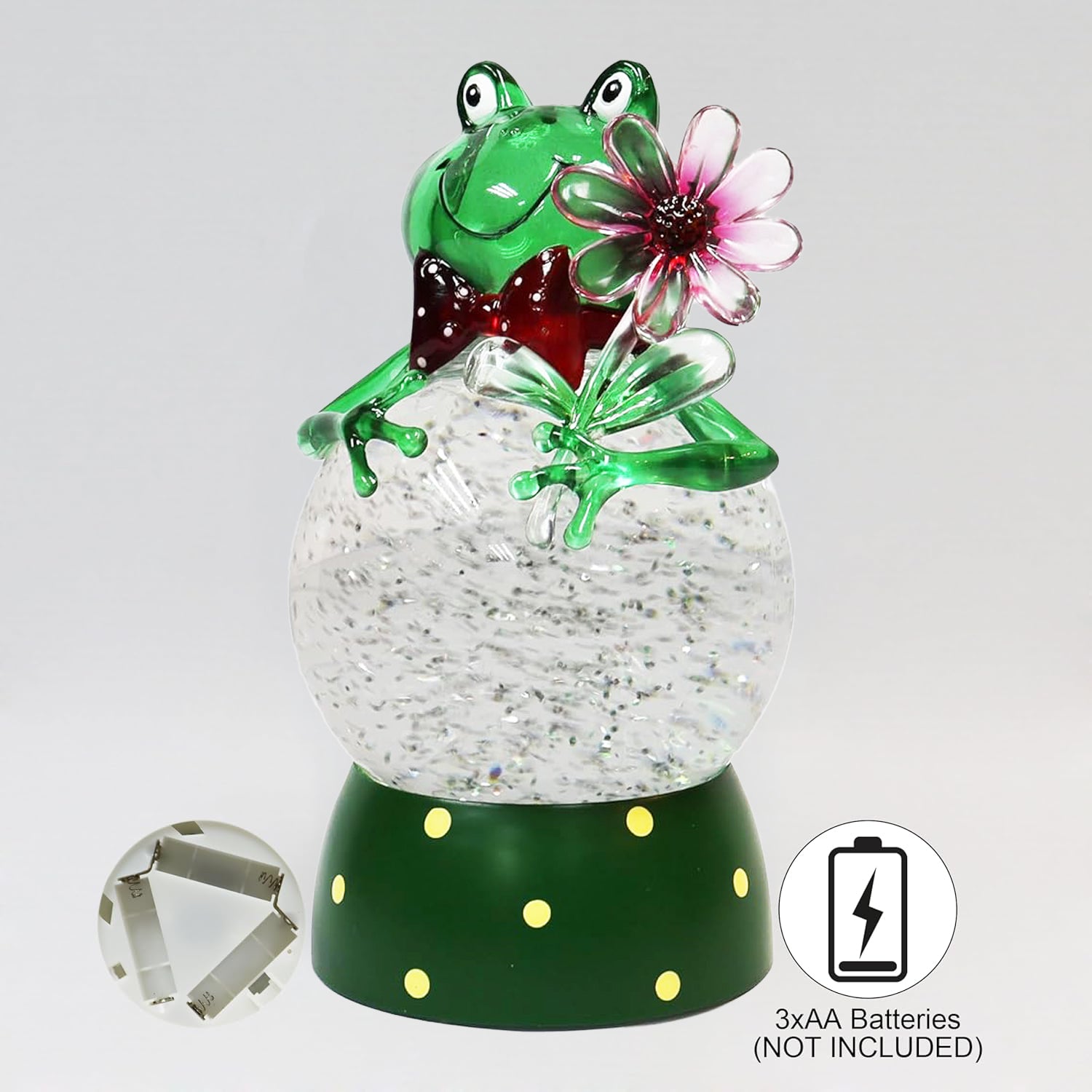 Acrylic Frog Snow Globe LED Light-Up Water Glitter Ball with Flower