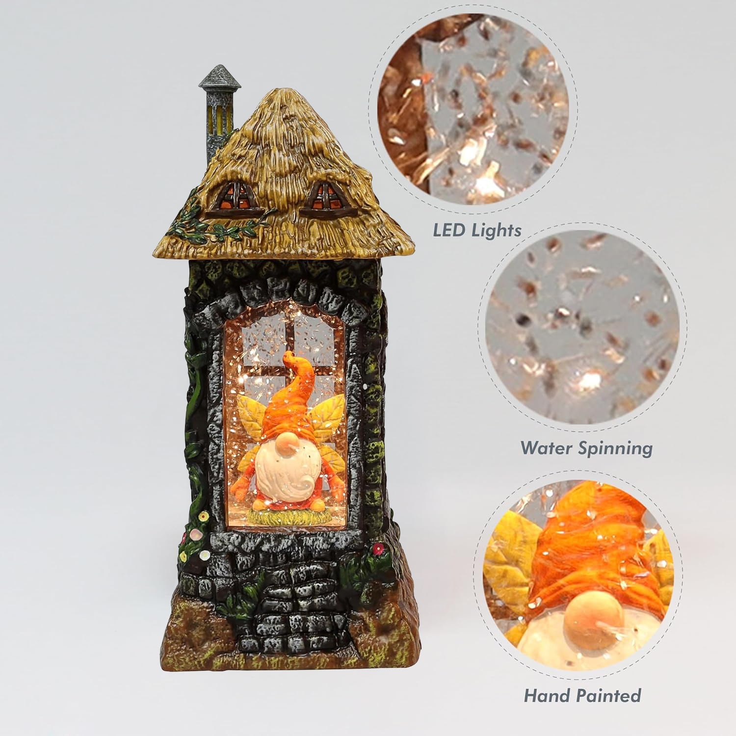 Acrylic Gnome House Lantern LED Light-Up Water Spinning Fall Decoration