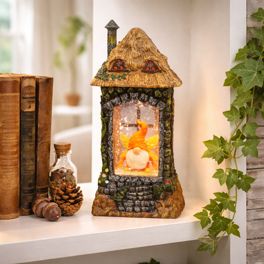 Acrylic Gnome House Lantern LED Light-Up Water Spinning Fall Decoration