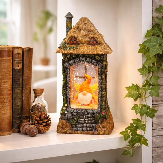 Acrylic Gnome House Lantern LED Light-Up Water Spinning Fall Decoration
