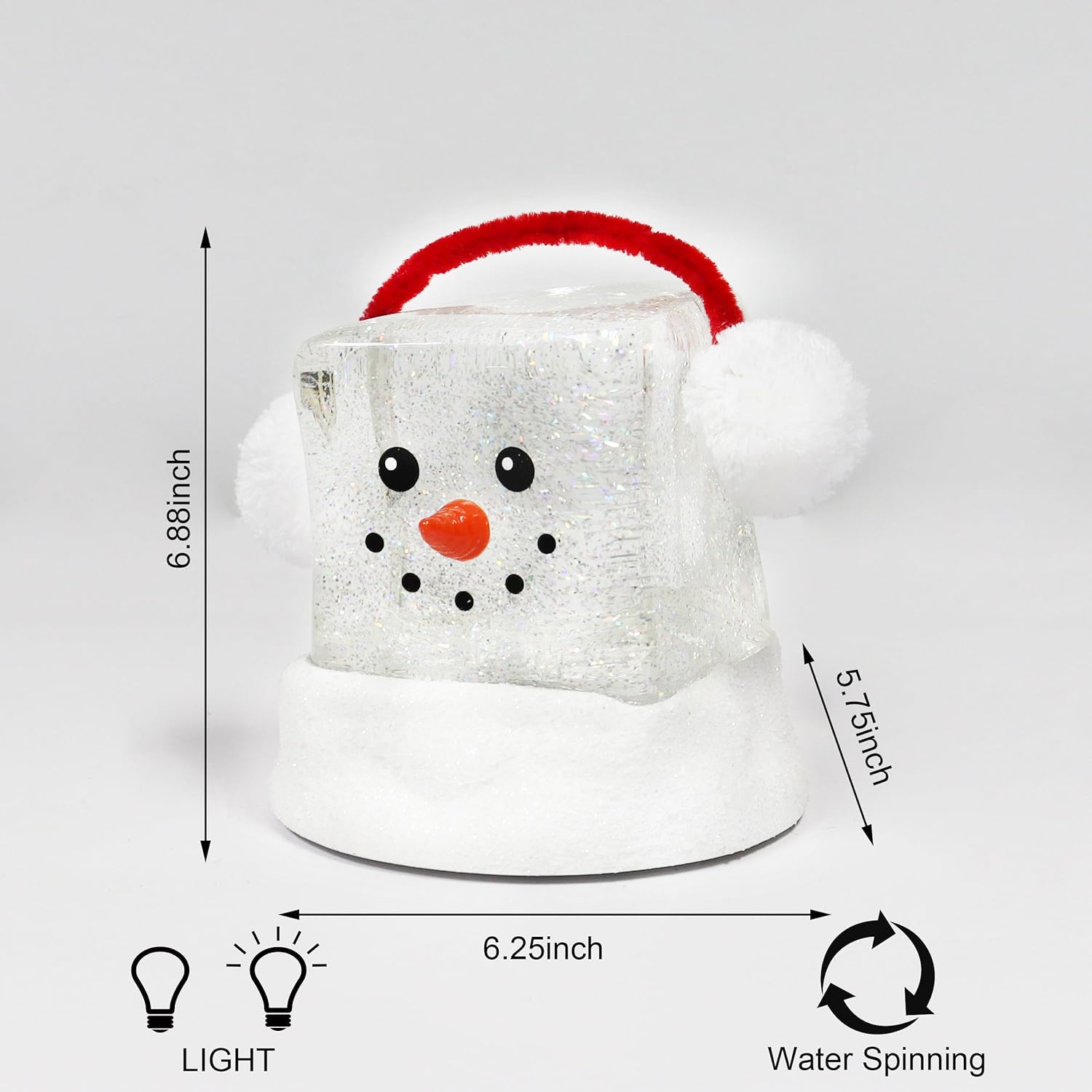 Acrylic Ice Cube Snowman LED Lighted Water Spinning Glitter Decoration