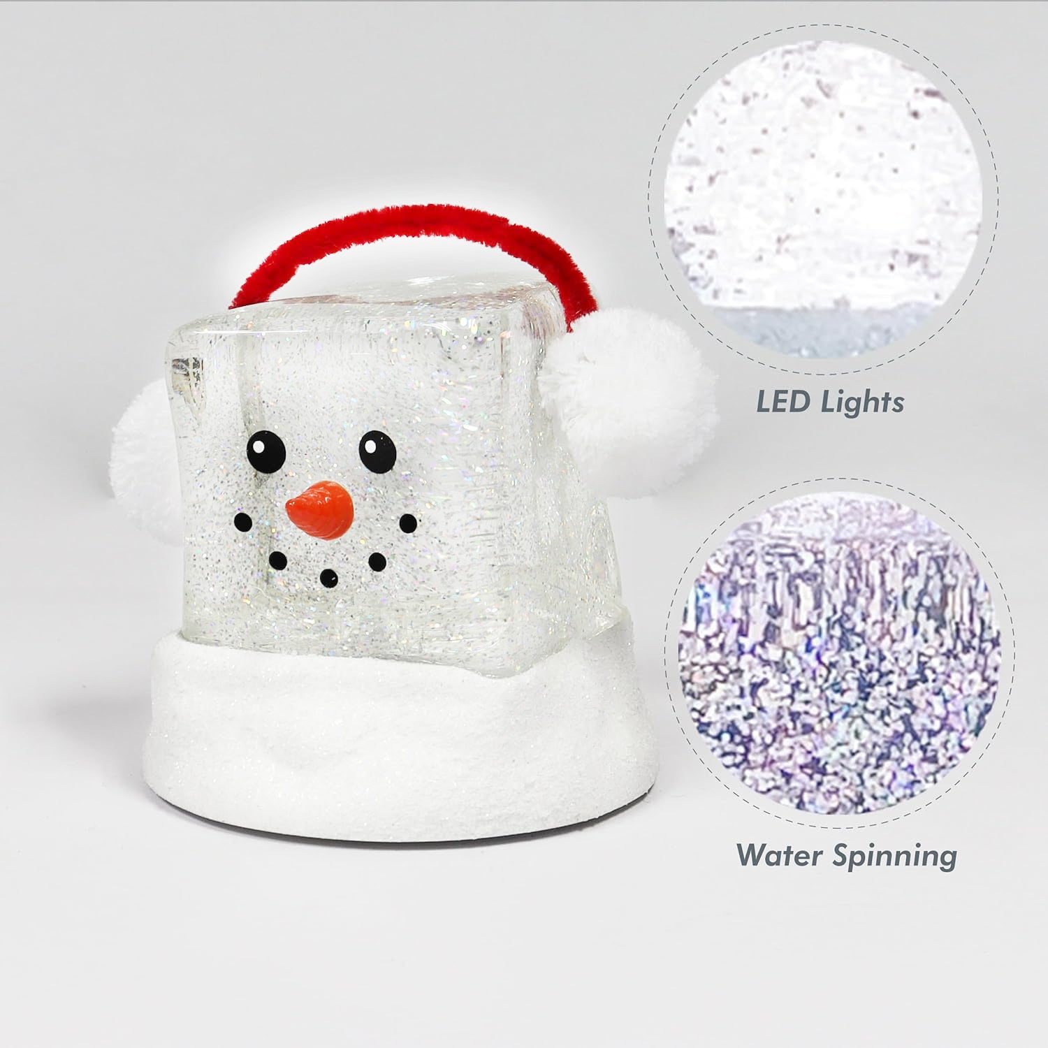 Acrylic Ice Cube Snowman LED Lighted Water Spinning Glitter Decoration