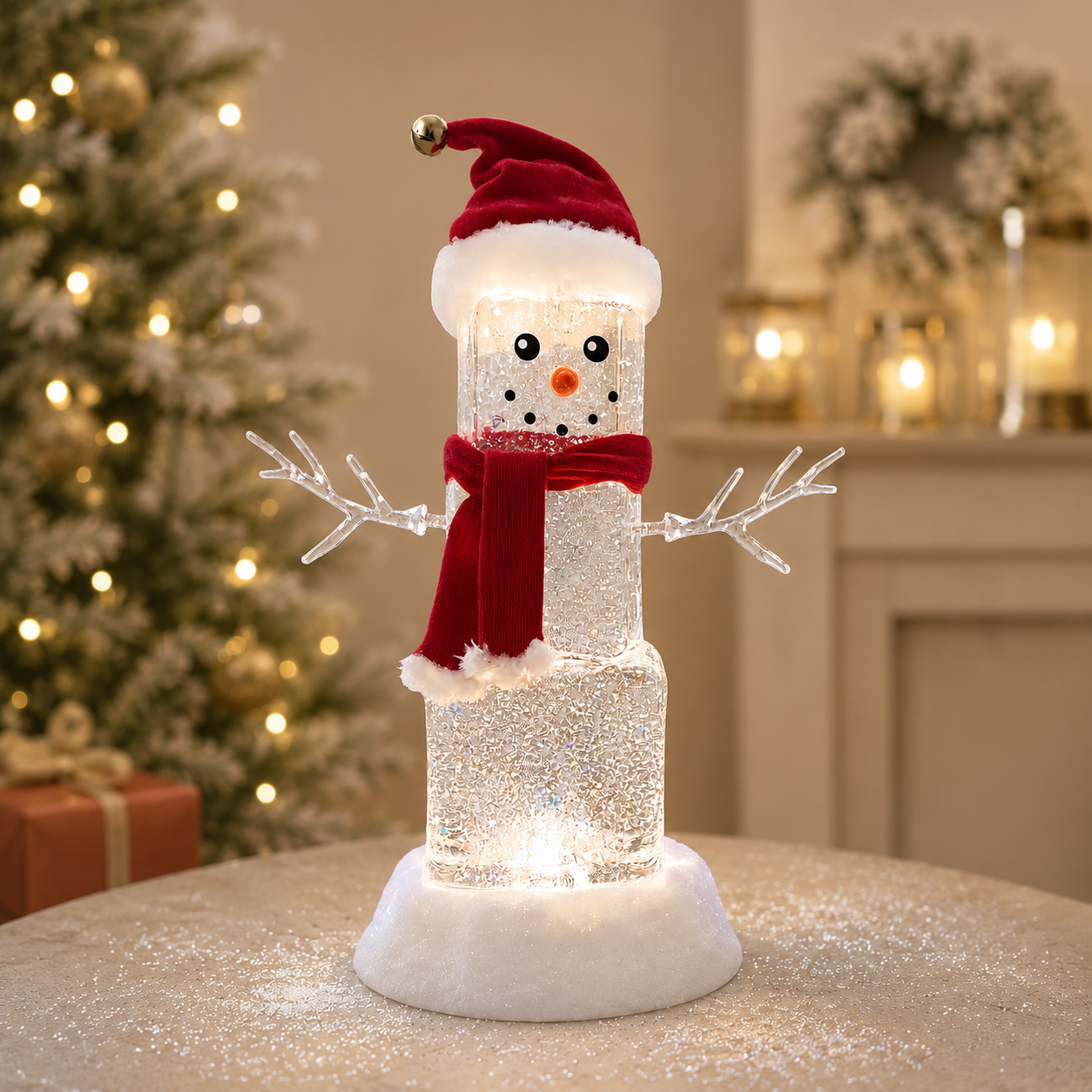 Acrylic Ice Cube Snowman Light-Up Glitter Water Spinning