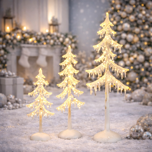 Acrylic Icicle Trees 3-Pack LED Battery Operated Light-Up 24.4", 17.9", and 13.4"