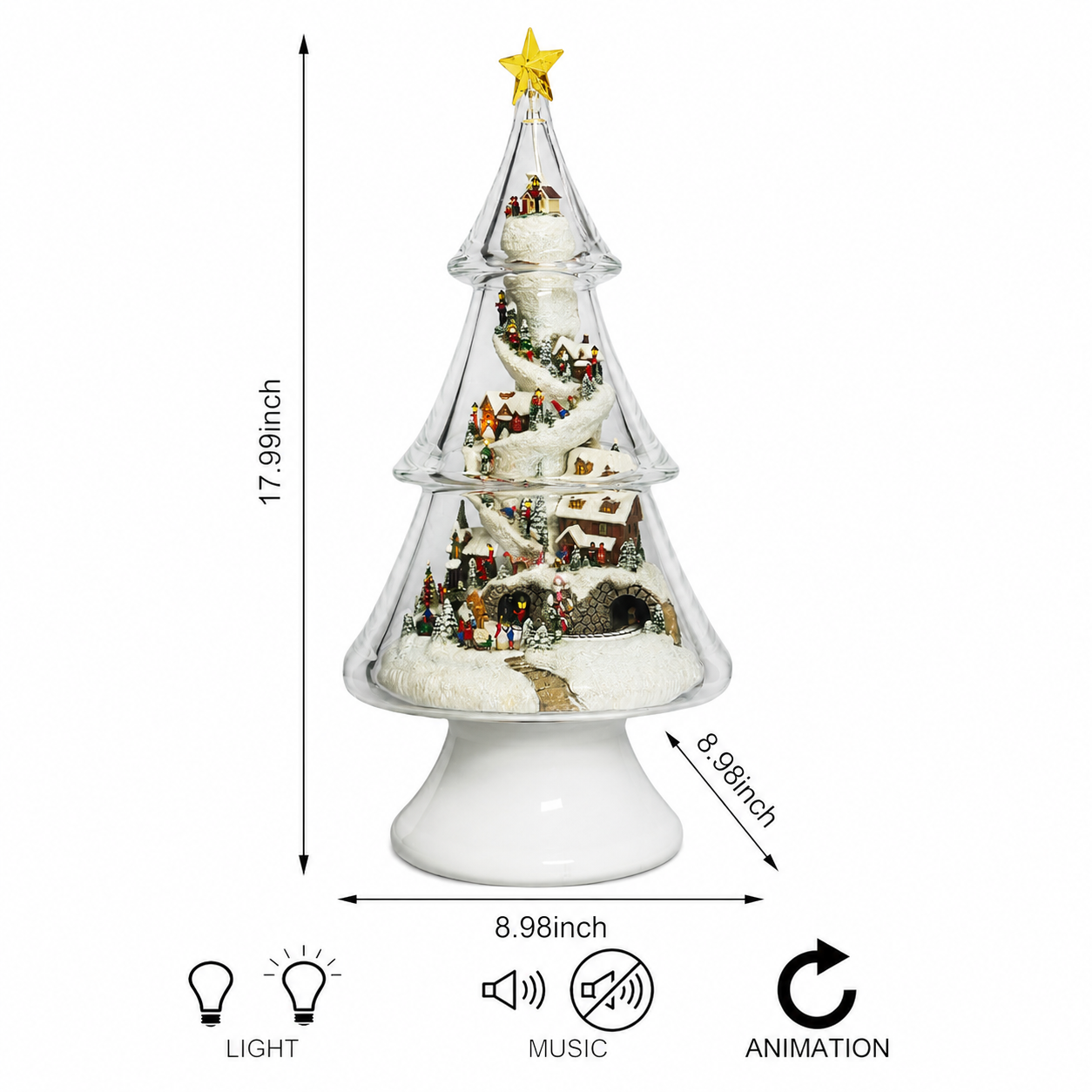 Acrylic Multi-Tiered Tree with Mountain Villages Scene with Christmas Music, LED Lights