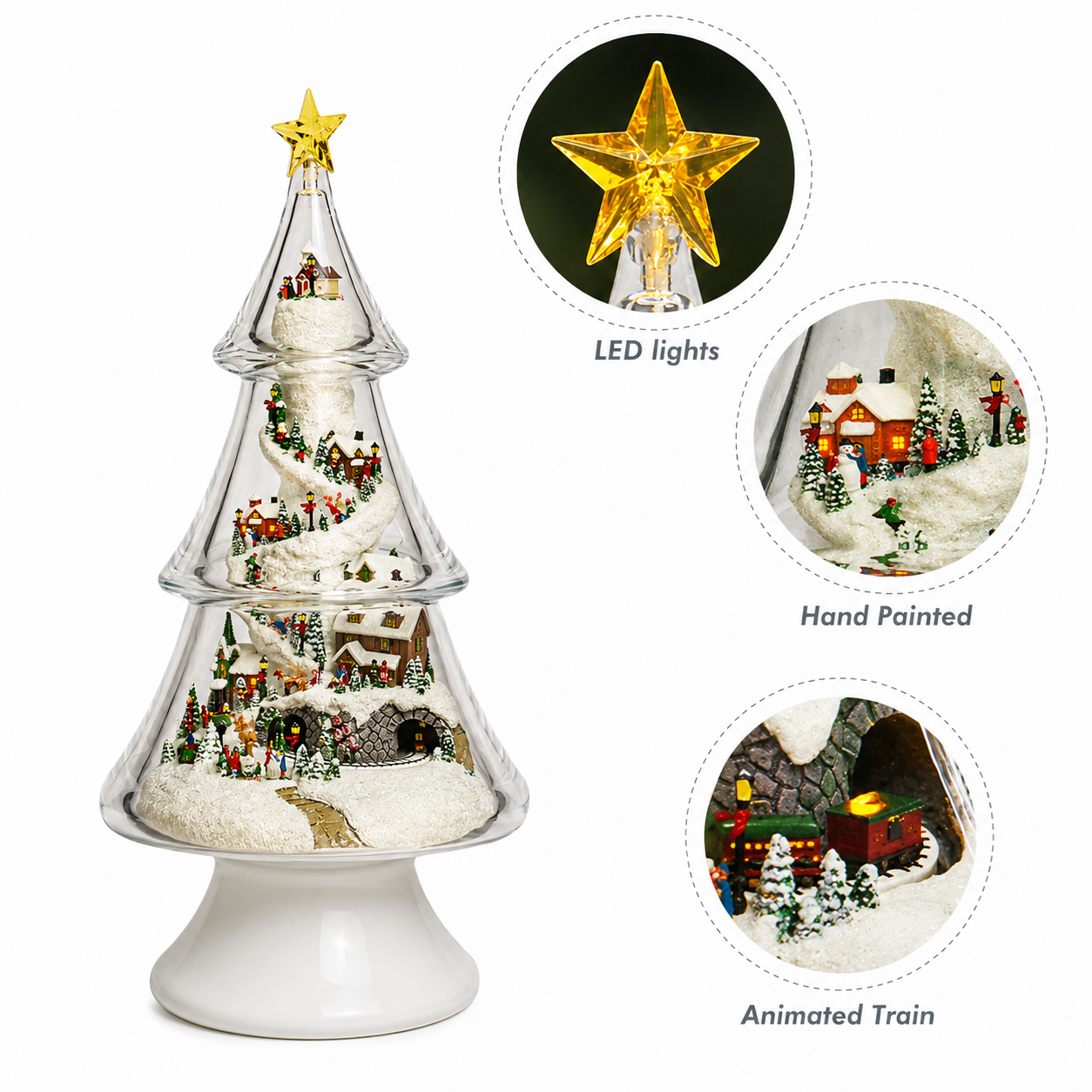 Acrylic Multi-Tiered Tree with Mountain Villages Scene with Christmas Music, LED Lights