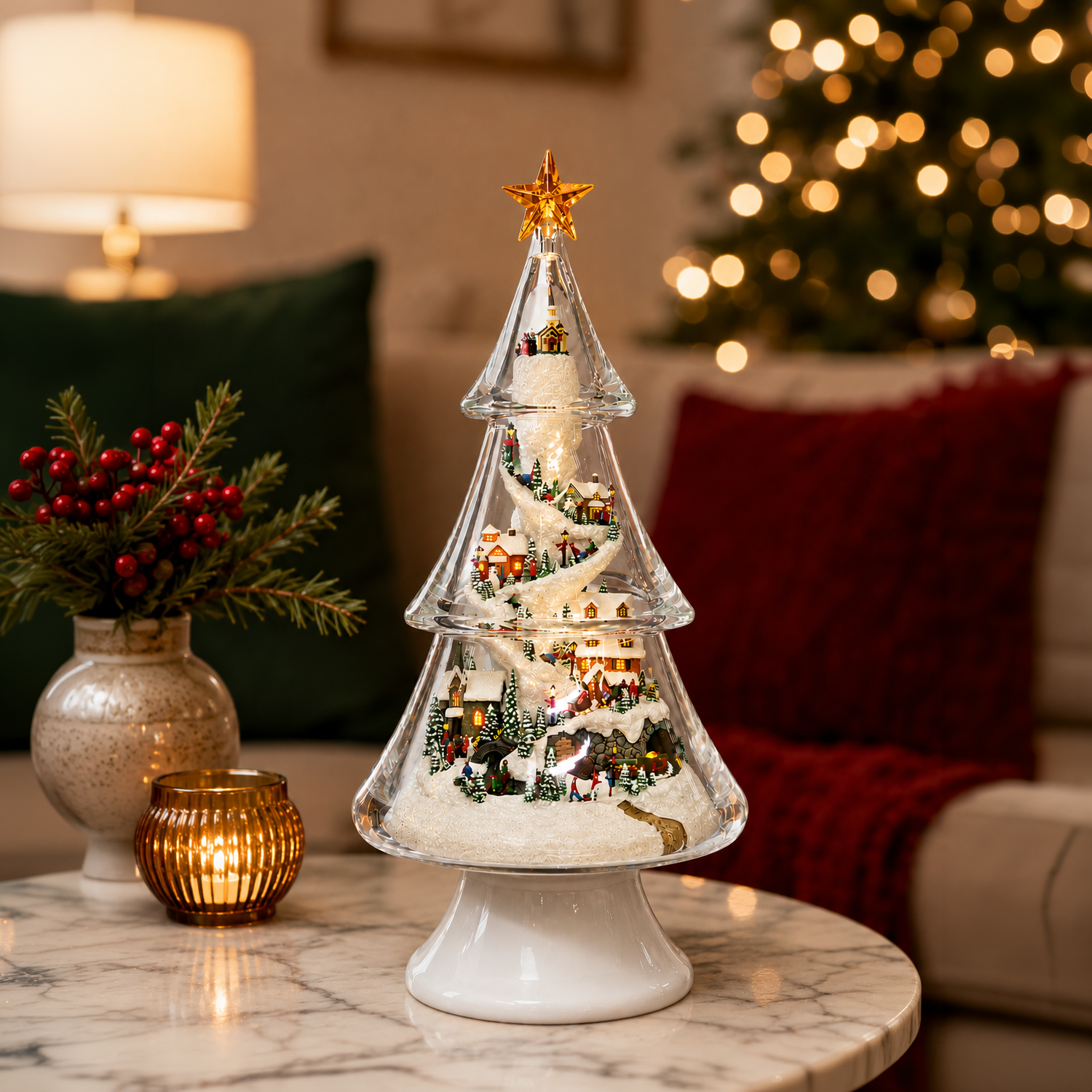 Acrylic Multi-Tiered Tree with Mountain Villages Scene with Christmas Music, LED Lights