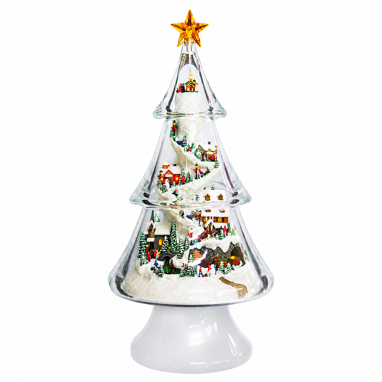 Acrylic Multi-Tiered Tree with Mountain Villages Scene with Christmas Music, LED Lights
